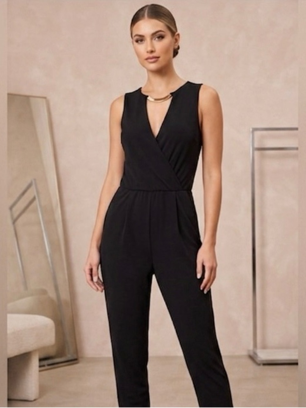 Bebe Black Jumpsuit with built in Gold "necklace" attached, Size XS